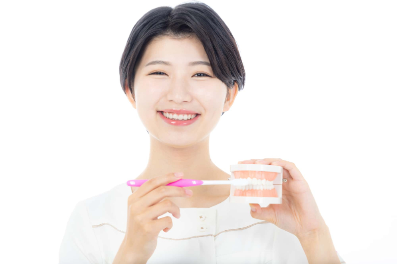 インプラント治療後の歯磨きの基本について説明する歯科助手