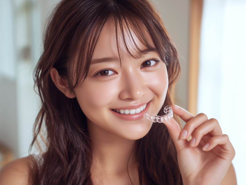 インビザラインのマウスピースを持って笑顔を見せる女性