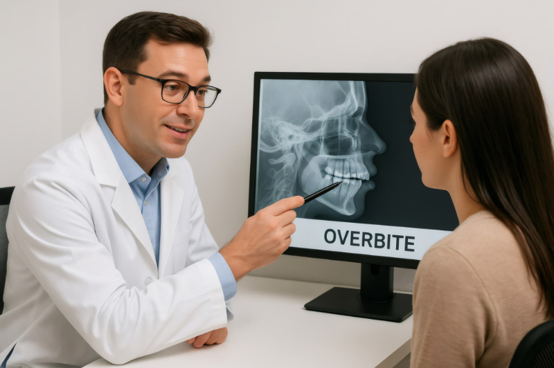 レントゲン画像を使用して出っ歯について患者に説明する歯科医
